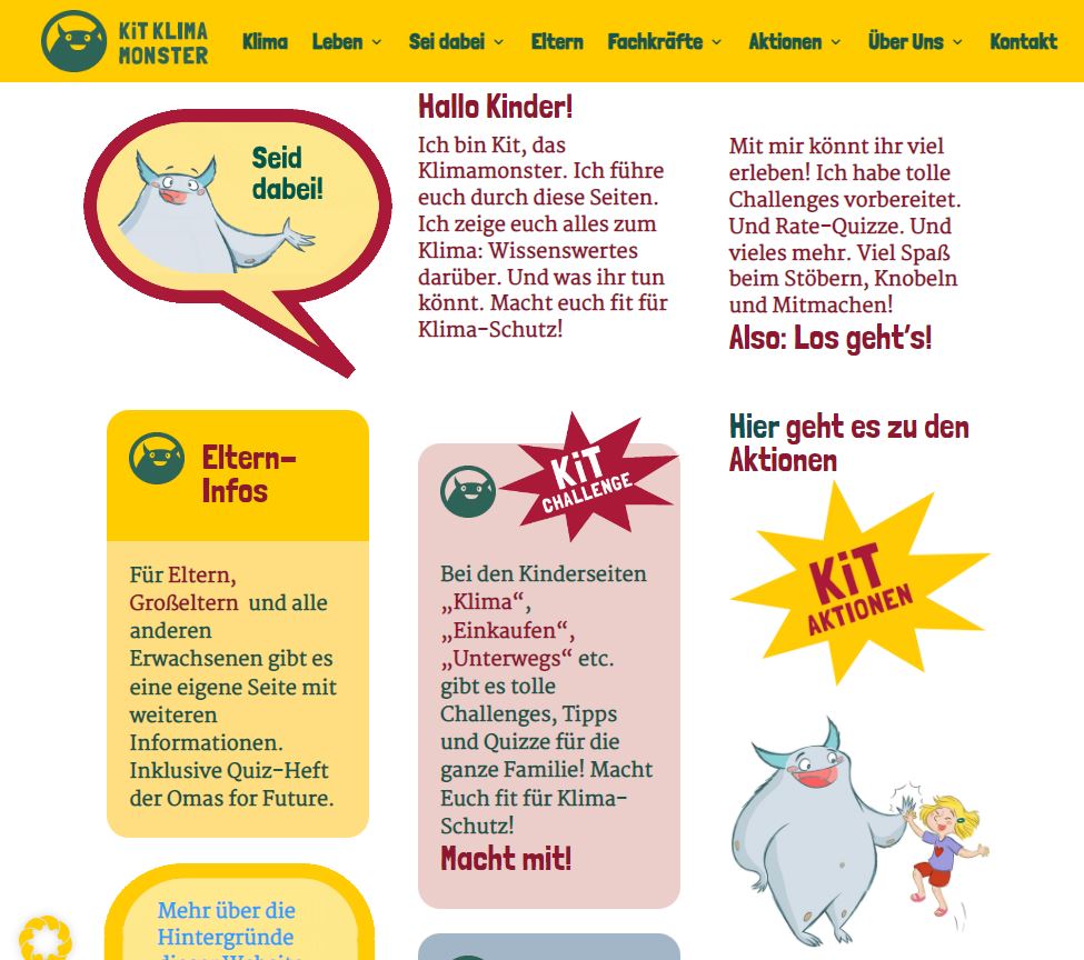 Screenshot der Startseite von Kit Klimamonster