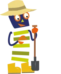 Starky mit Spaten und Gummistiefeln