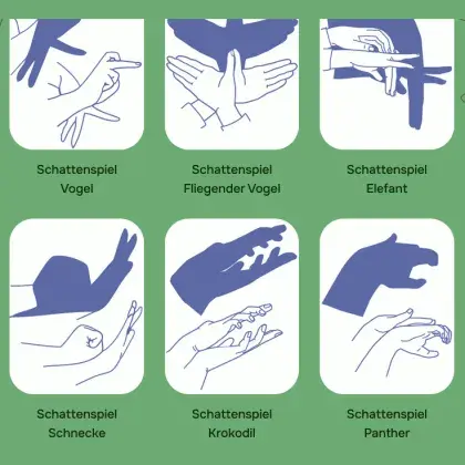 Man sieht verschiedene Schattenspiele mit Händen.