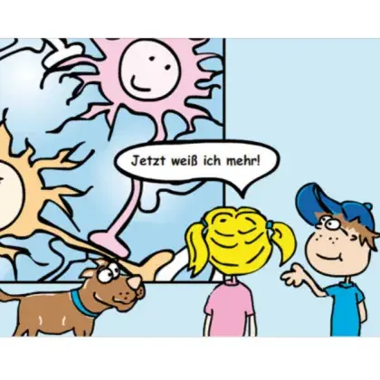 Man sieht zwei Kinder vor einem Wissens-Plakat.