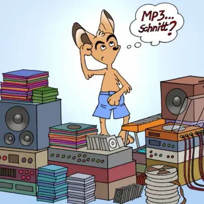 Man sieht den Auditorix-Fuchs zwischen Musik-Technik.