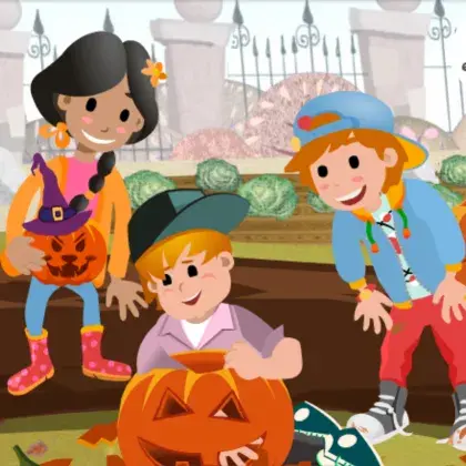 Illustration von drei Kindern, die freudig einen Kürbis bestaunen