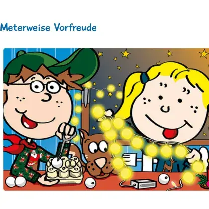 Illustration von zwei Kindern mit Weihnachtsdekoration