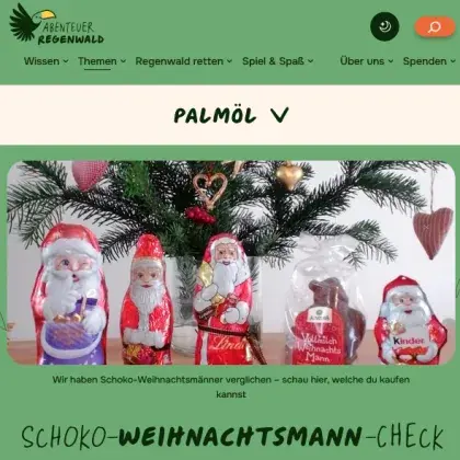 Man sieht Schoko-Weihnachtsmänner vor einem Tannenzweig.