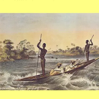 Gemälde mit zwei Kolonialherren und Sklaven auf einem Boot