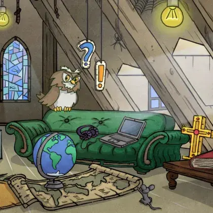 Illustration Sofa mit Kreuz, Globus und Uhu