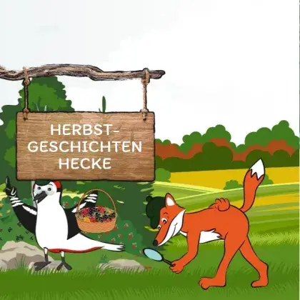 Man sieht eine Übersicht der Seite und eine gezeichnete Elster und einen Fuchs.