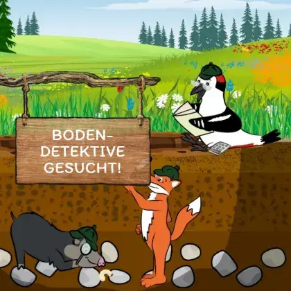 Man sieht eine Übersicht der Seite, einen gezeichneten Fuchs und eine Elster.