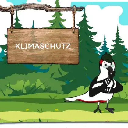 Man sieht eine Übersicht der Seite und eine gezeichnete Elster.