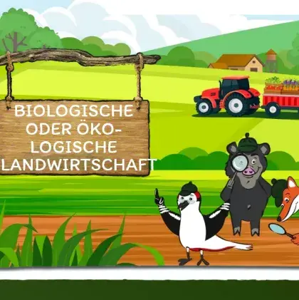 Man sieht eine Übersicht der Seite und einen gezeichneten Fuchs und eine Elster und ein Schwein.