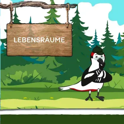 Man sieht eine Übersicht der Seite und eine gezeichnete Elster.