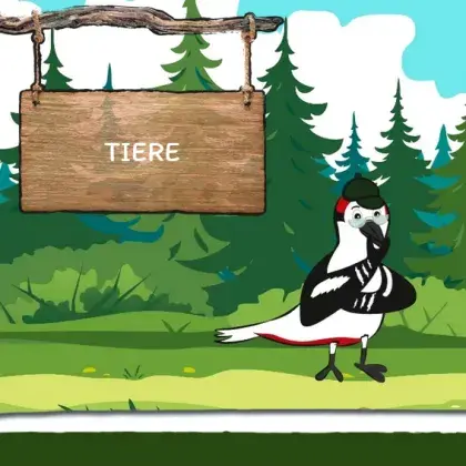 Man sieht eine Übersicht der Seite und eine gezeichnete Elster.