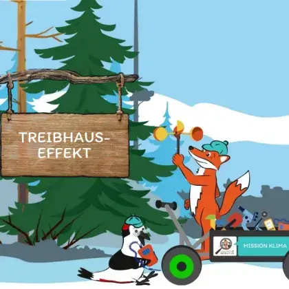 Man sieht eine Übersicht der Seite und einen gezeichneten Fuchs und eine Elster.