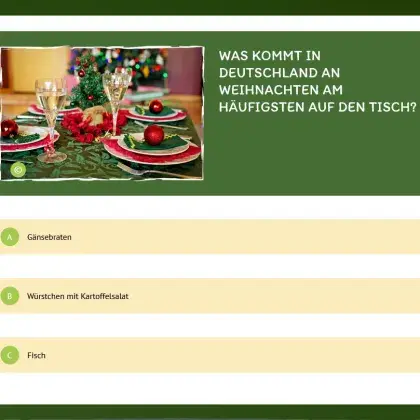 Man sieht ein Quiz und ein Bild von einem gedeckten Weihnachts-Tisch.