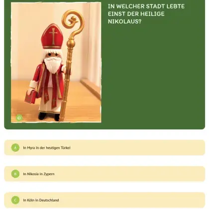 Man sieht ein Quiz und ein Bild von einem Nikolaus.