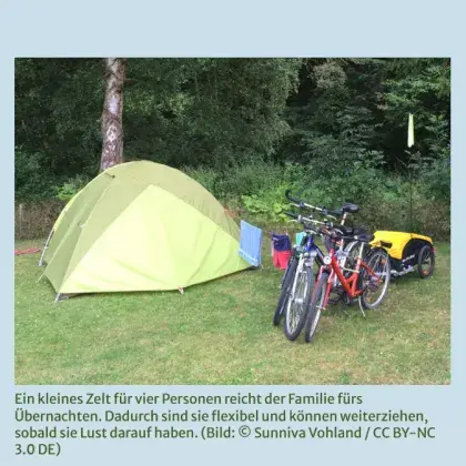 Man sieht ein Zelt und Fahrräder.