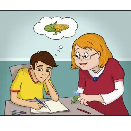 Comic Schüler und Lehrerin