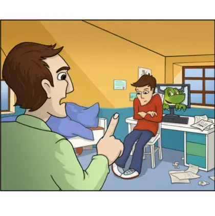 Comic mit schimpfendem Vater