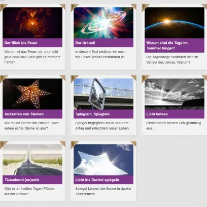 Man sieht verschiedene Artikel der Seite zum Thema Licht.