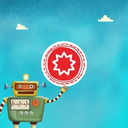 Man sieht ein Logo der Seite mit einem Roboter und einem Zeichen aus dem Bahaitum.