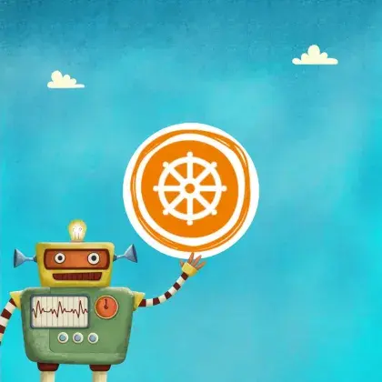 Man sieht ein Logo der Seite mit einem Roboter und einem Zeichen aus dem Buddhismus.