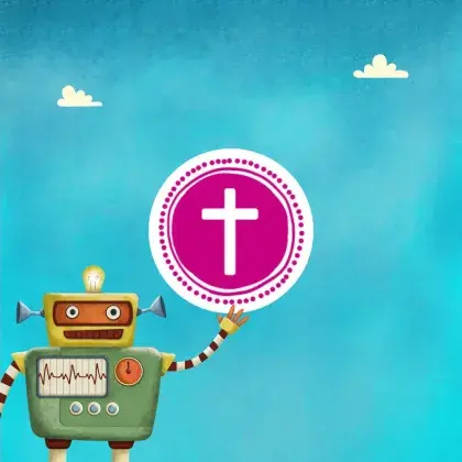 Man sieht ein Logo der Seite mit einem Roboter und einem Zeichen aus dem Christentum.