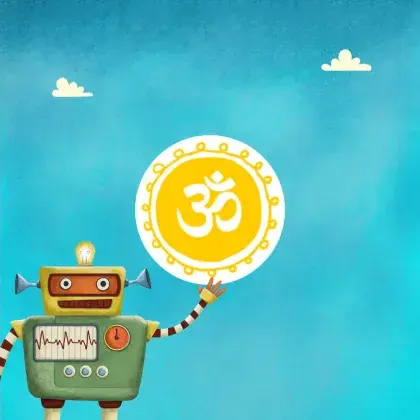 Man sieht ein Logo der Seite mit einem Roboter und einem Zeichen aus dem Hinduismus.