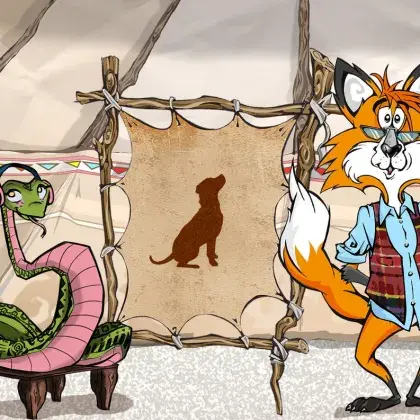 Man sieht einen Fuchs und eine Schlange neben einer Lederleinwand mit einem Hund.