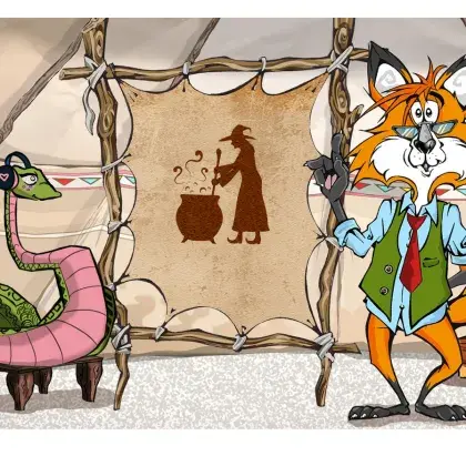 Man sieht einen Fuchs und eine Schlange neben einer Lederleinwand mit einer Hexe vor einem Kessel.
