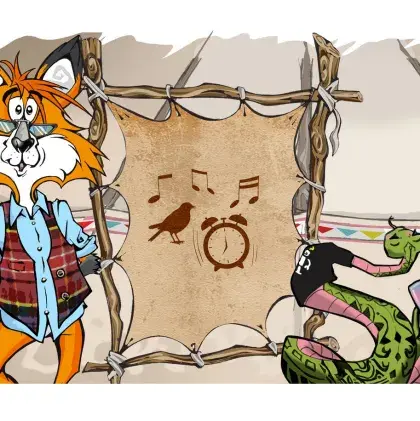 Man sieht einen Fuchs und eine Schlange neben einer Lederleinwand mit einer Musiknoten.