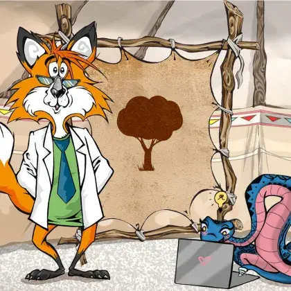 Man sieht einen Fuchs und eine Schlange neben einer Lederleinwand mit einem Baum.