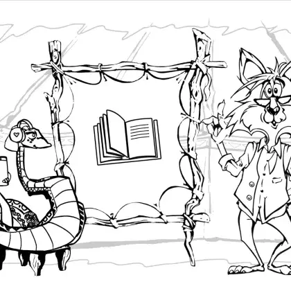 Man sieht einen Fuchs und eine Schlange neben einer Lederleinwand mit einem Buch.