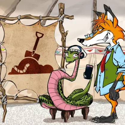 Man sieht einen Fuchs und eine Schlange neben einer Lederleinwand mit einem Komposthaufen.