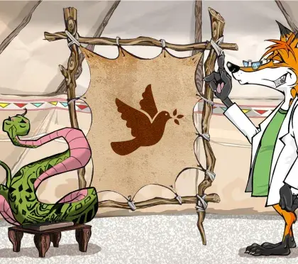 Man sieht einen Fuchs und eine Schlange neben einer Lederleinwand mit einer Friedenstaube.