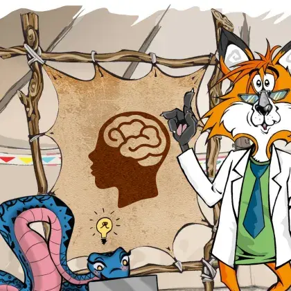 Man sieht einen Fuchs und eine Schlange neben einer Lederleinwand mit einem Gehirn.