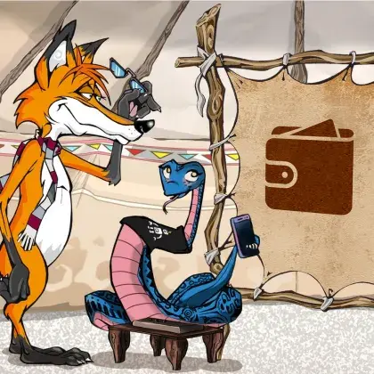 Man sieht einen Fuchs und eine Schlange neben einer Lederleinwand mit einem Geldbeutel.