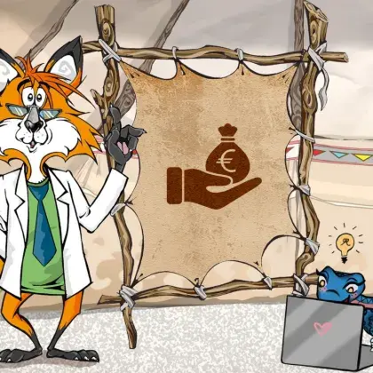 Man sieht einen Fuchs und eine Schlange neben einer Lederleinwand mit einer Hand mit einem Geldsack.