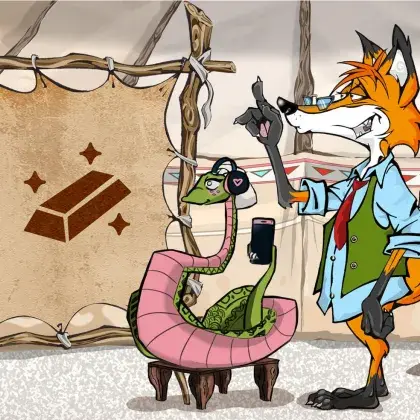 Man sieht einen Fuchs und eine Schlange neben einer Lederleinwand mit einem Goldstück.