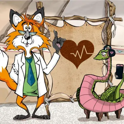 Man sieht einen Fuchs und eine Schlange neben einer Lederleinwand mit einem Herz.