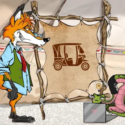 Man sieht einen Fuchs und eine Schlange neben einer Lederleinwand mit einem Fahrzeug.