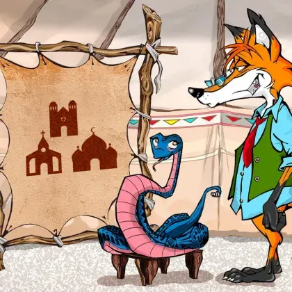 Man sieht einen Fuchs und eine Schlange neben einer Lederleinwand mit verschiedenen Gotteshäusern.