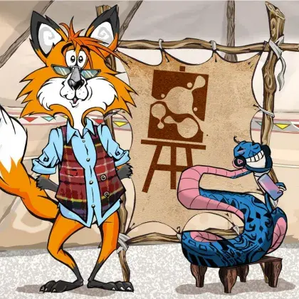 Man sieht einen Fuchs und eine Schlange neben einer Lederleinwand mit einem Gemälde.