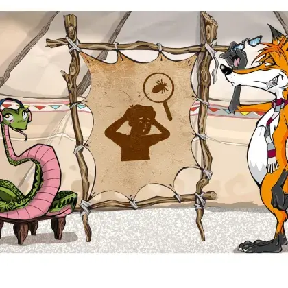 Man sieht einen Fuchs und eine Schlange neben einer Lederleinwand mit einem Kopf mit einer Laus.