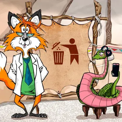 Man sieht einen Fuchs und eine Schlange neben einer Lederleinwand mit einem Mülleimer.