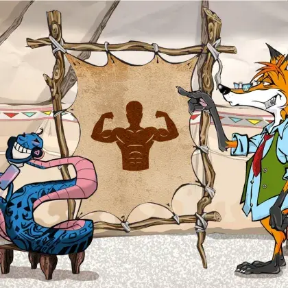 Man sieht einen Fuchs und eine Schlange neben einer Lederleinwand mit einem Muskelmann.