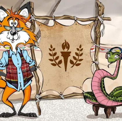 Man sieht einen Fuchs und eine Schlange neben einer Lederleinwand mit einer olympischen Fackel.