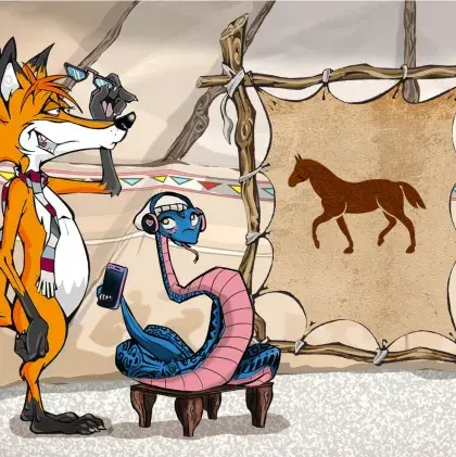 Man sieht einen Fuchs und eine Schlange neben einer Lederleinwand mit einem Pferd.