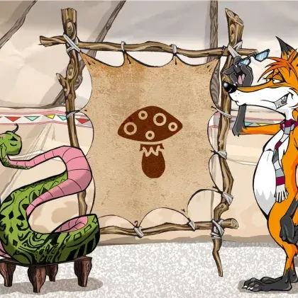 Man sieht einen Fuchs und eine Schlange neben einer Lederleinwand mit einem Pilz.