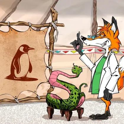 Man sieht einen Fuchs und eine Schlange neben einer Lederleinwand mit einem Pinguin.