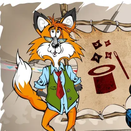 Man sieht einen Fuchs und eine Schlange neben einer Lederleinwand mit einem Zauberhut.